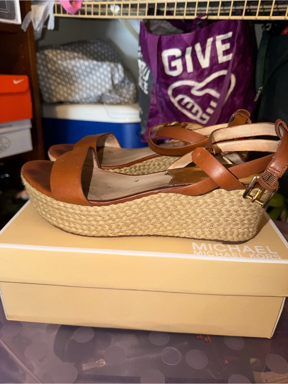 Michael Kors Brown Leather Espadrille Wedge Sandals, with Box